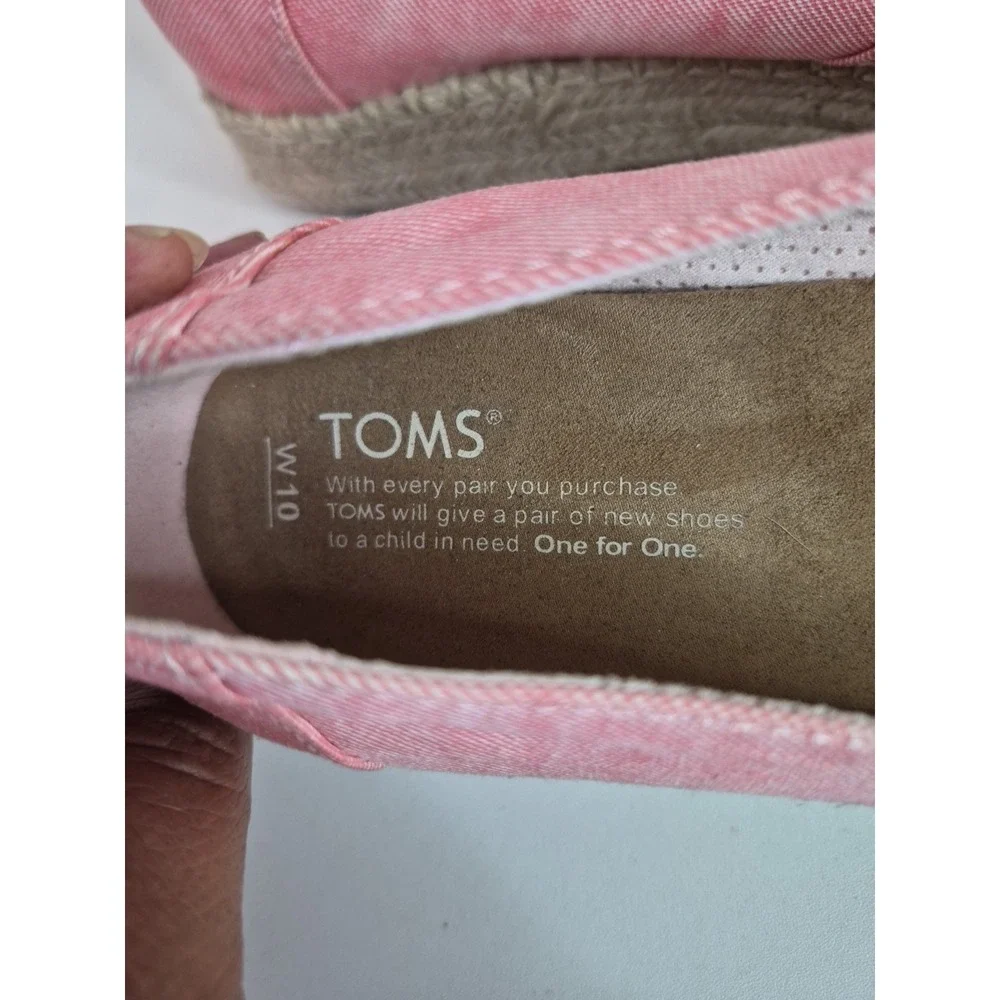 TOMS PINK / RED Chambray Espadrilles Low Wedge Peep Toe Slip On Shoes Sz 10‎